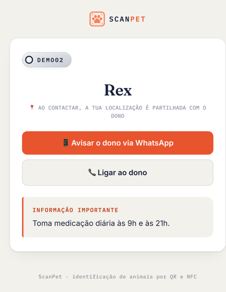 Perfil do animal já ativado, com botões de contacto
