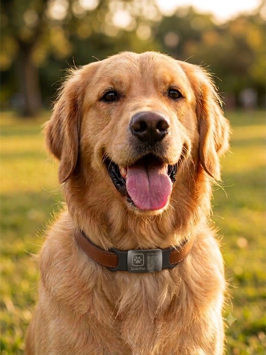 Cão a usar a etiqueta ScanPet na coleira